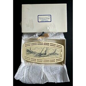 Vintage Nautical 7" Oval FAUX Scrimshaw Ivory CRIBBAGE BOARD Pegs Original Box